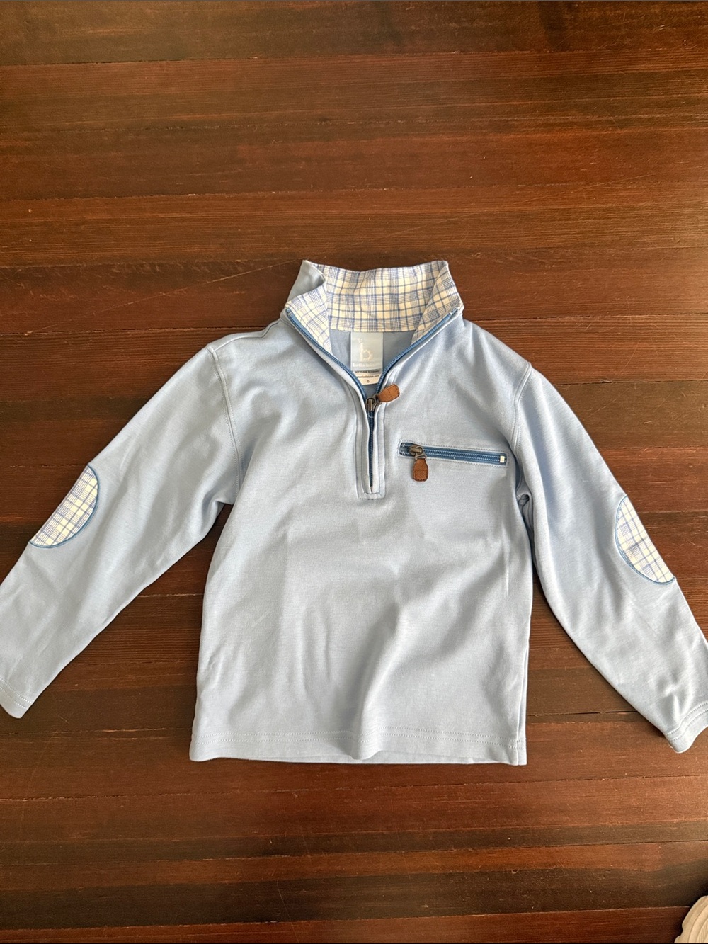 Bella bliss Light Blue Kids Quarter-Zip Pullover with Plaid Trim